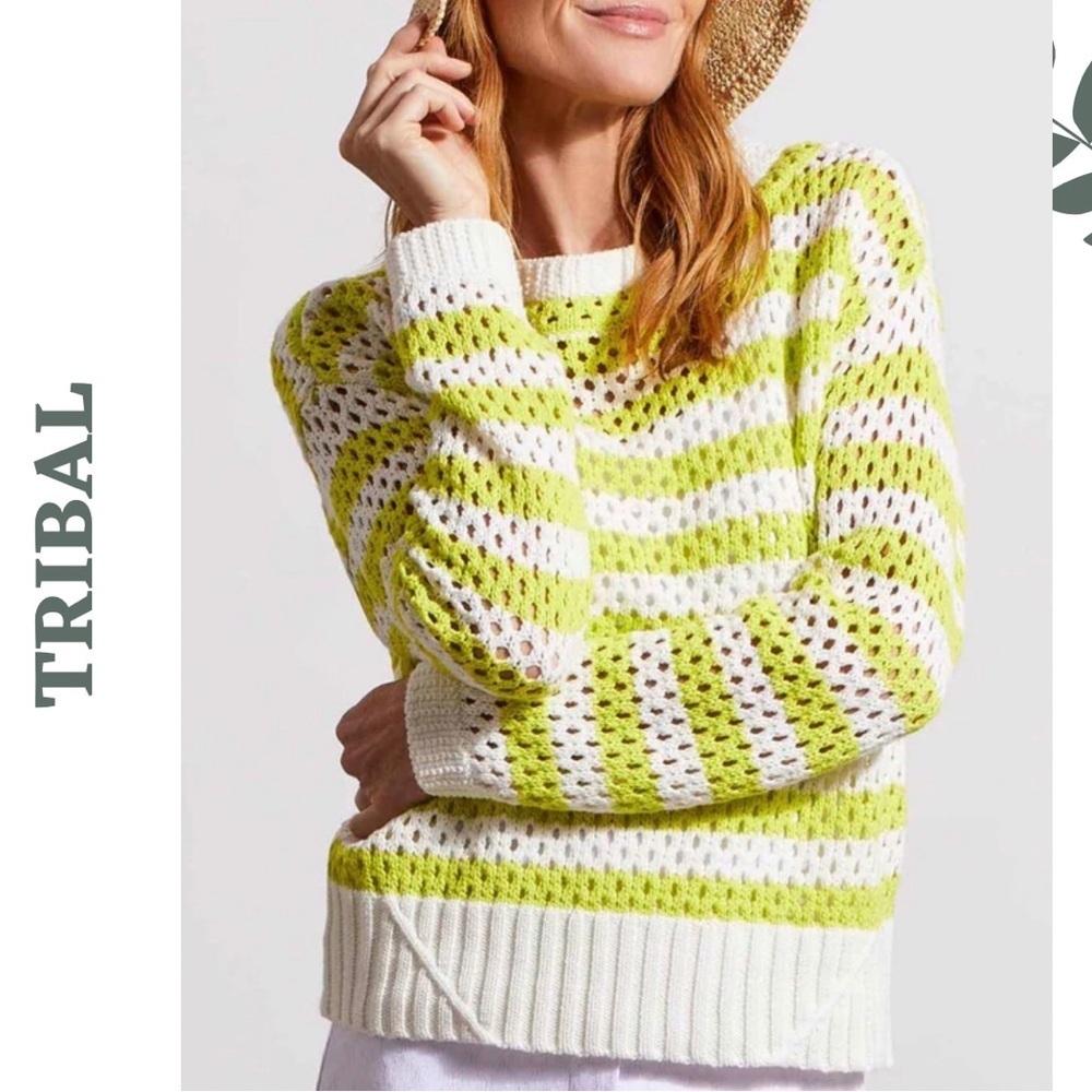 Tribal Crochet Striped Cotton Sweater Lime White Size XS